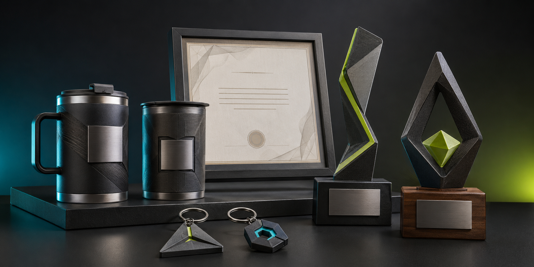 Llaveros, tazones, diploma enmarcado y trofeos corporativos personalizados